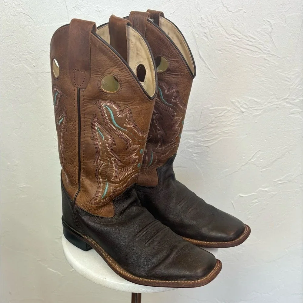 OLD WEST Broad Square Toe‎ Western Cowboy Boots Brown Tan Leather Cowgirl 6